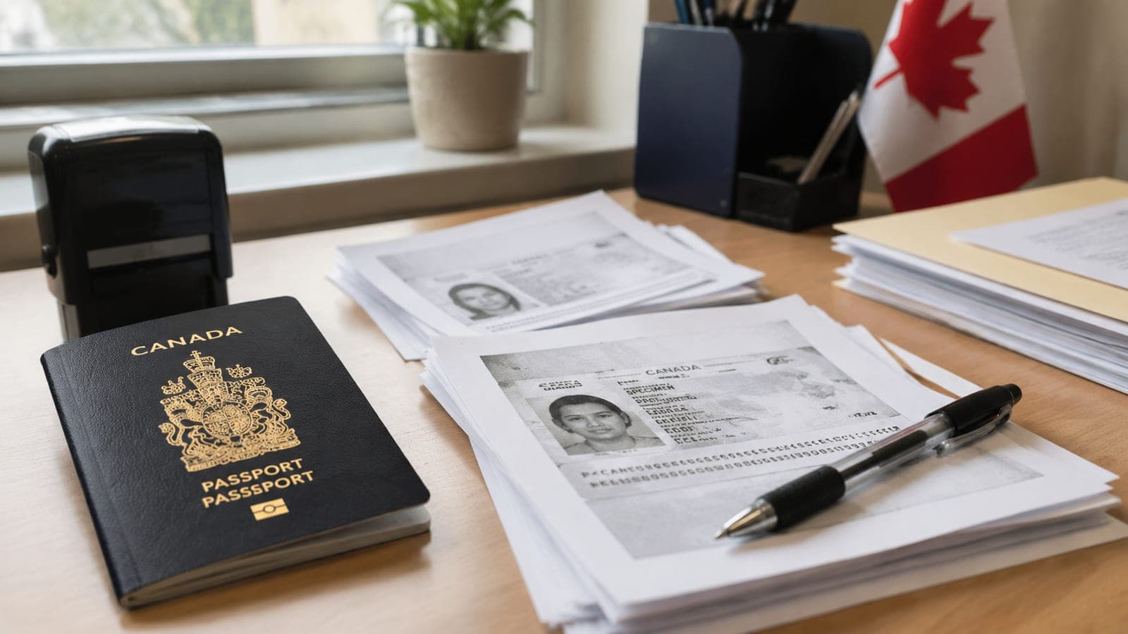 Canadian passport, photocopies, and a pen on a desk being prepared for certified true copies