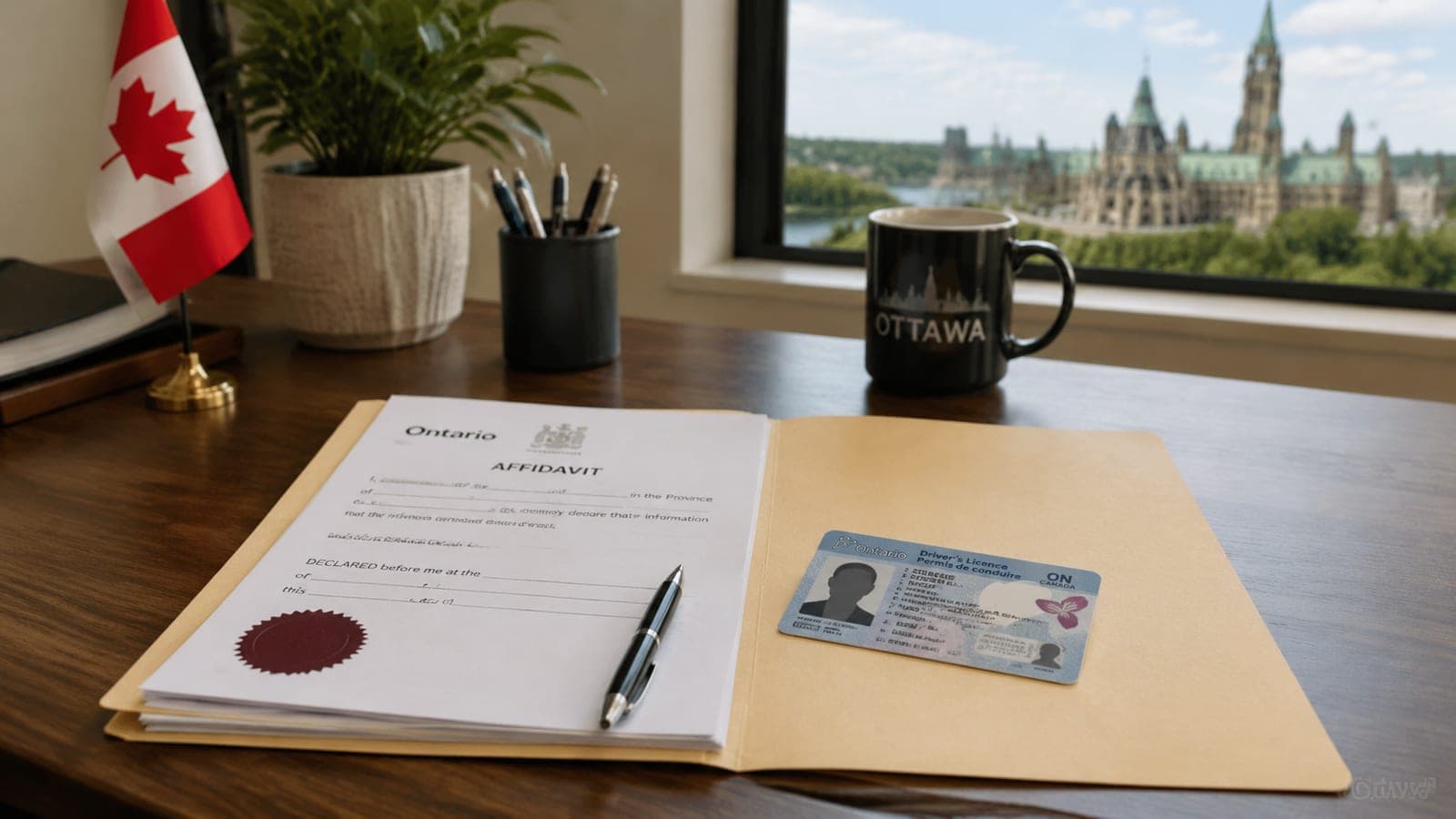 Folder of documents and a driver's licence on a wooden desk, ready for a notary appointment in Ottawa