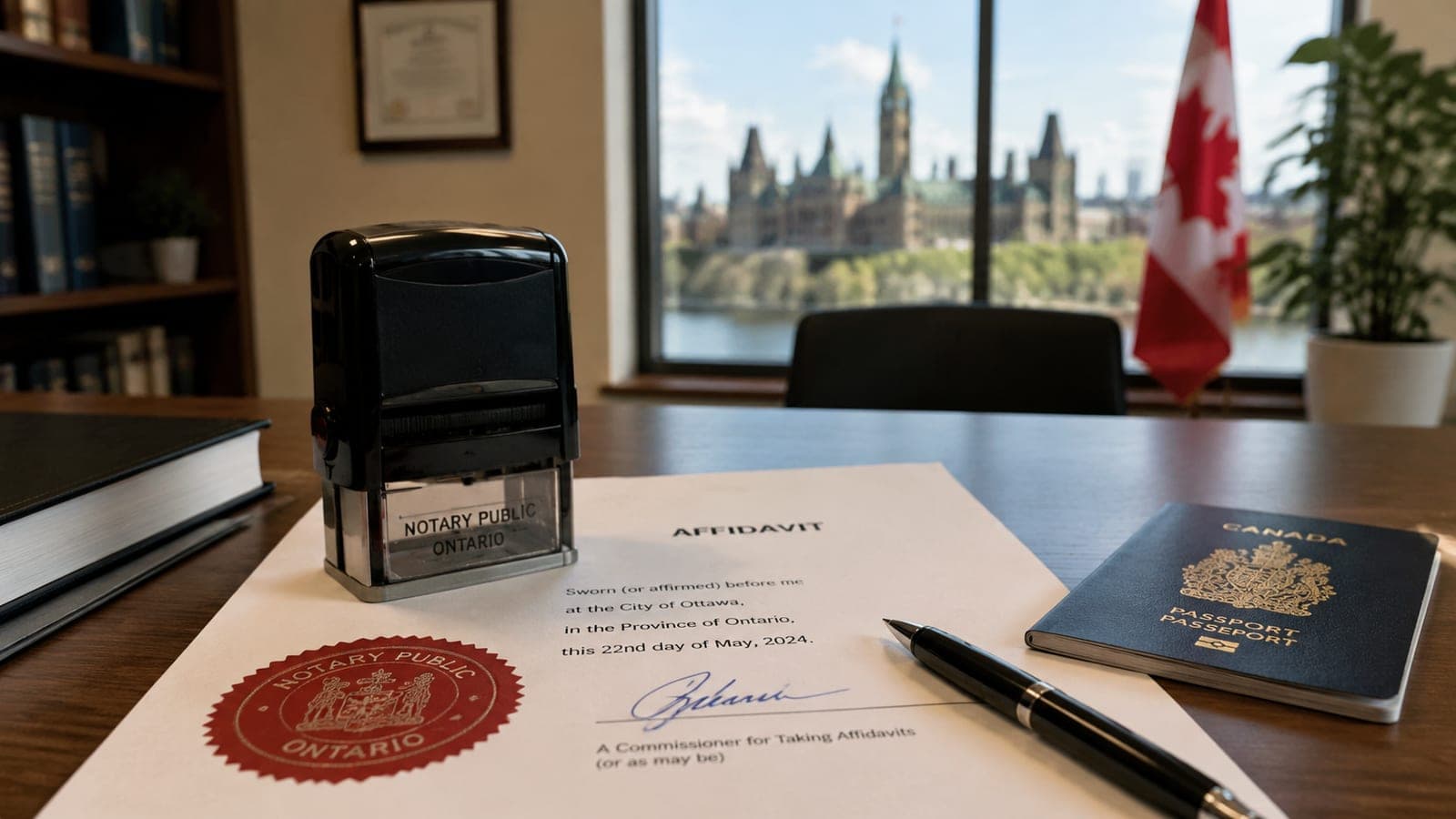 Notary public stamp and pen on a signed affidavit at an Ottawa office, illustrating notary public vs commissioner of oaths Ontario