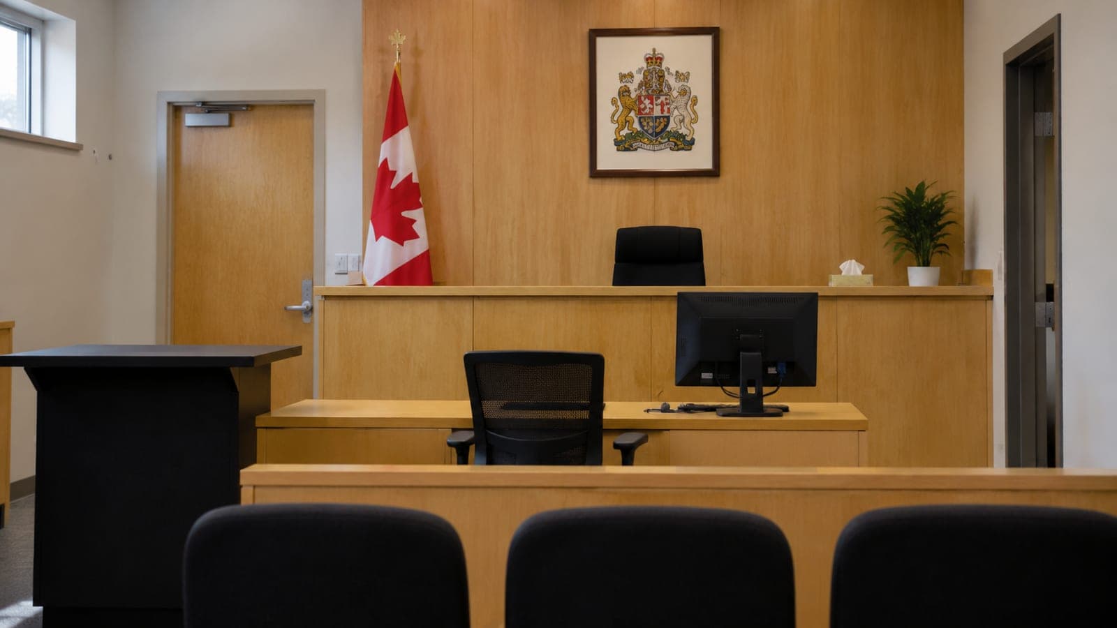 Justice of the peace bench in an empty Ontario courtroom, illustrating the judicial setting where JPs work in Ontario