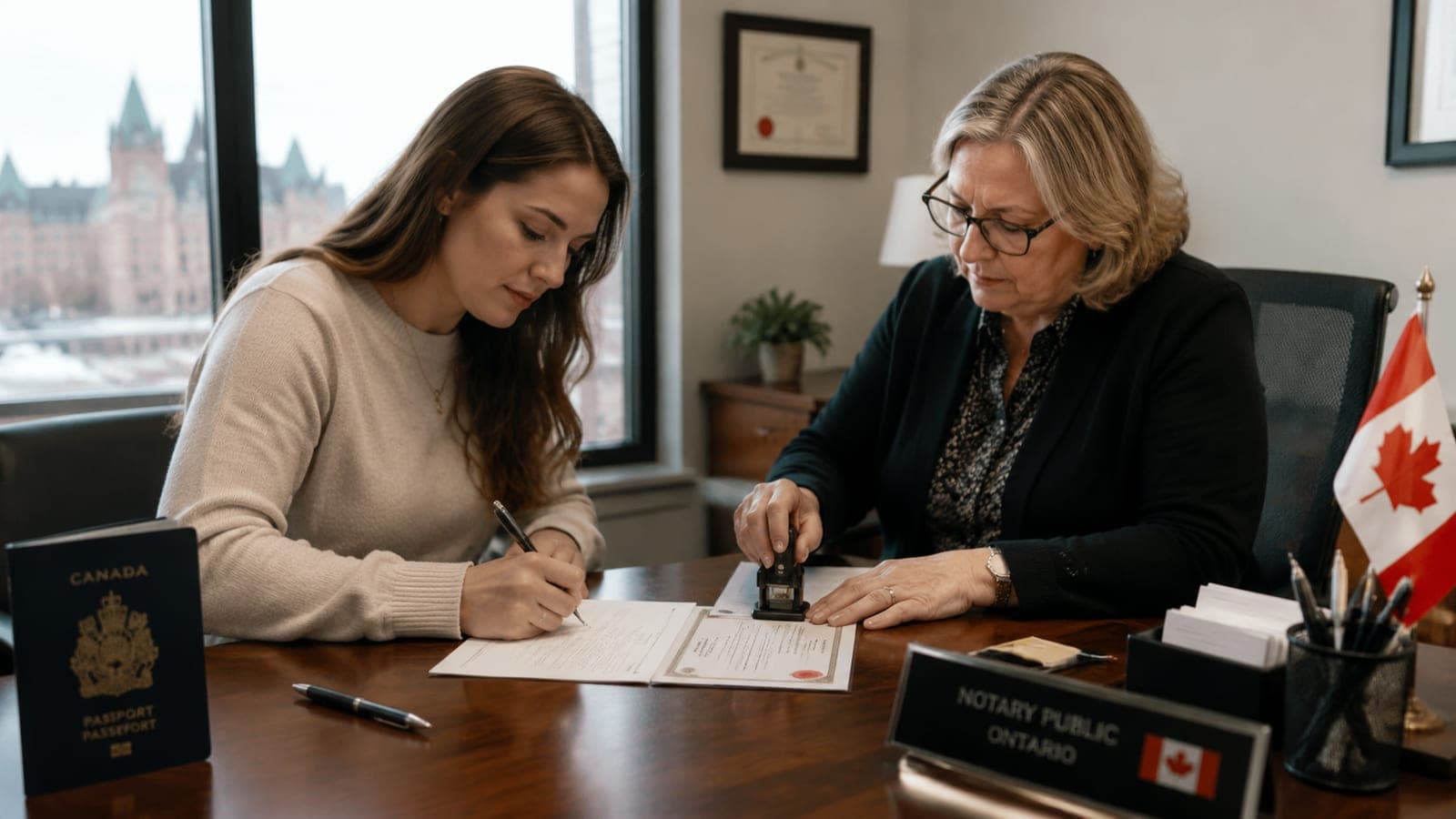 Ottawa client signing an affidavit at a notary's desk while the notary applies the seal, illustrating notary public vs justice of the peace Ontario in practice