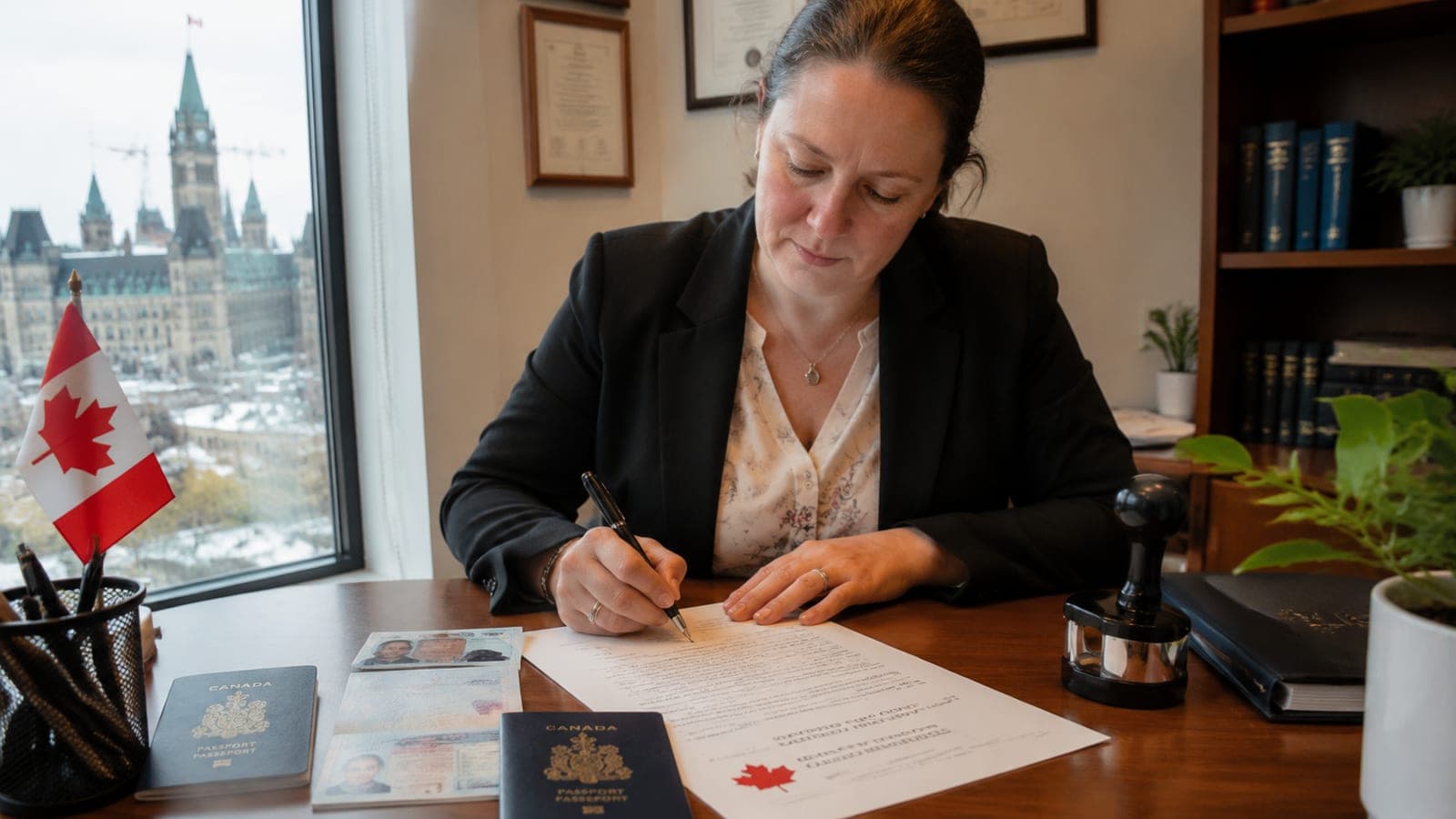 Notary signing a certified true copy of a passport at an Ottawa office, with the original next to the photocopy