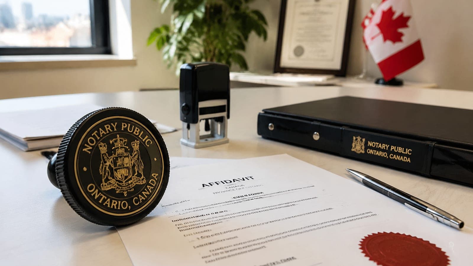 Notary public seal beside official documents and stamps on a clean Ottawa office desk, illustrating notary public vs justice of the peace Ontario