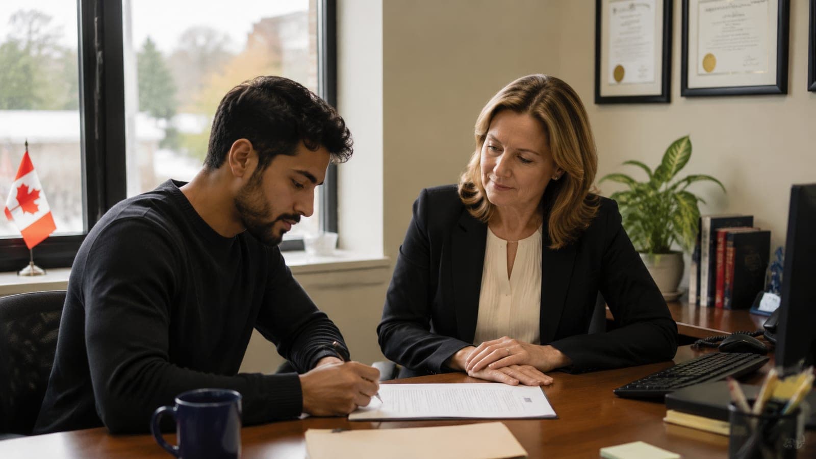 Client signing a contract while a professional witnesses, showing the witnessing step a notary public in Ontario can perform