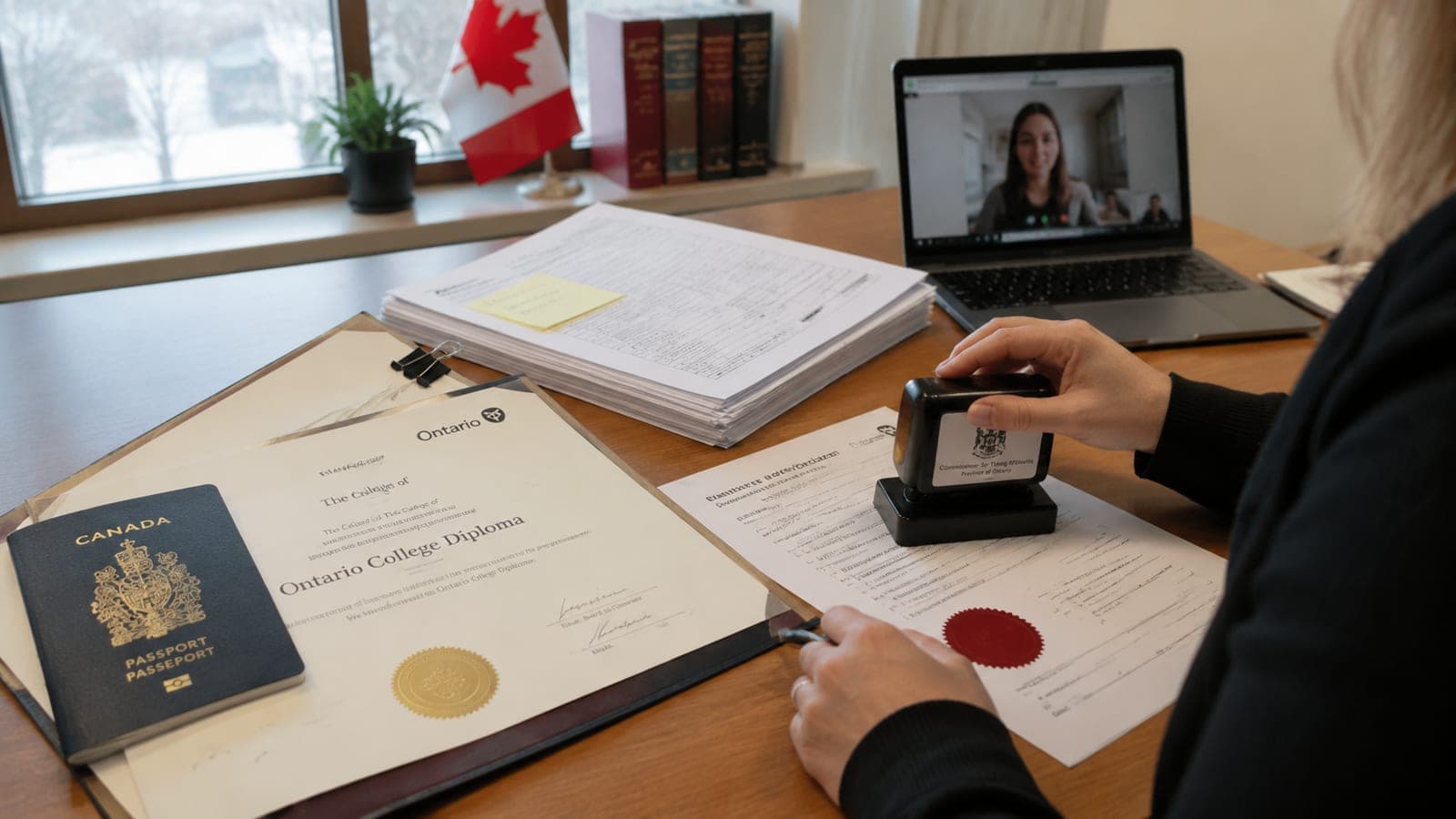 Passport, diploma, and a stack of paperwork on a desk being prepared for notary certification in Ottawa