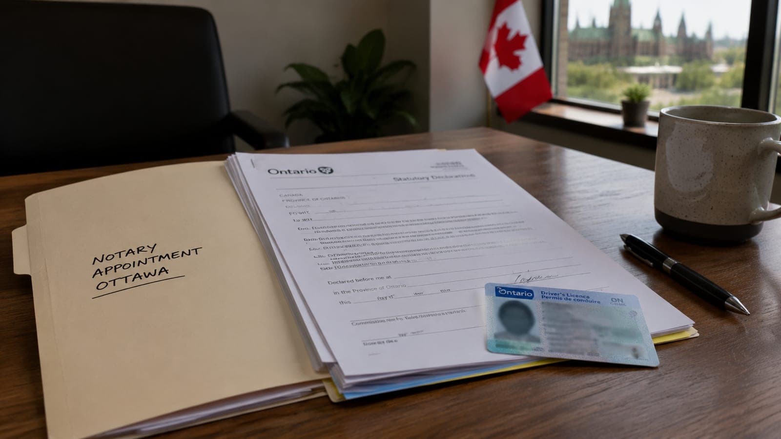 Folder of documents and a driver's licence on a wooden desk, ready for a notary appointment in Ottawa