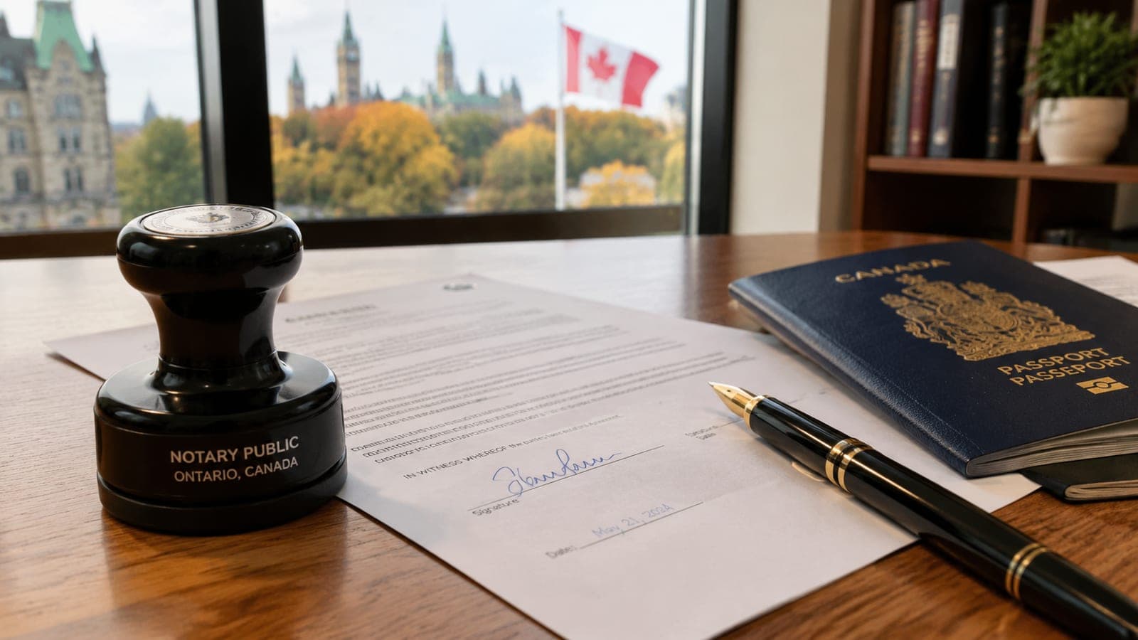 Notary stamp, pen, and a signed agreement on a wooden desk in an Ottawa office, illustrating notary vs lawyer Ontario