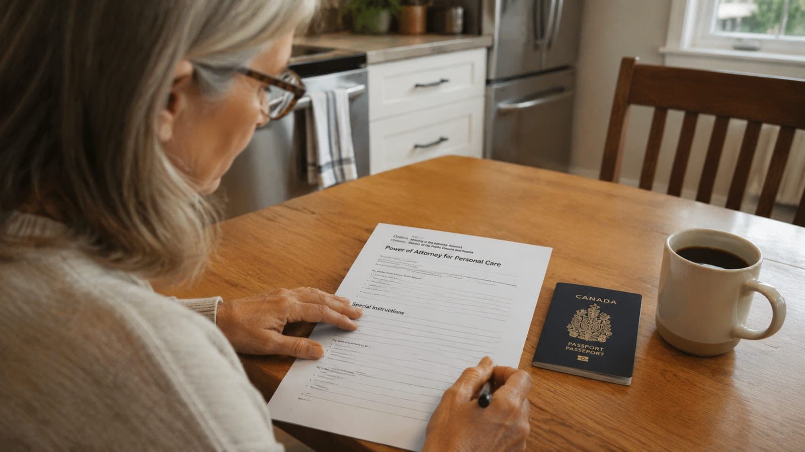 A power of attorney for personal care document on an Ottawa kitchen table, with a pen and a coffee cup, the grantor reviewing the special instructions section