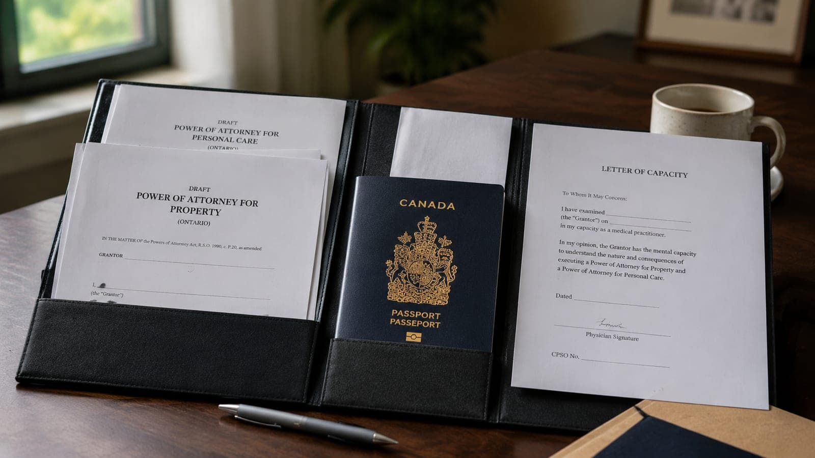 A grantor's folder containing a drafted property POA, a drafted personal-care POA, government photo ID, and a doctor's capacity letter, ready for an Ottawa notary appointment