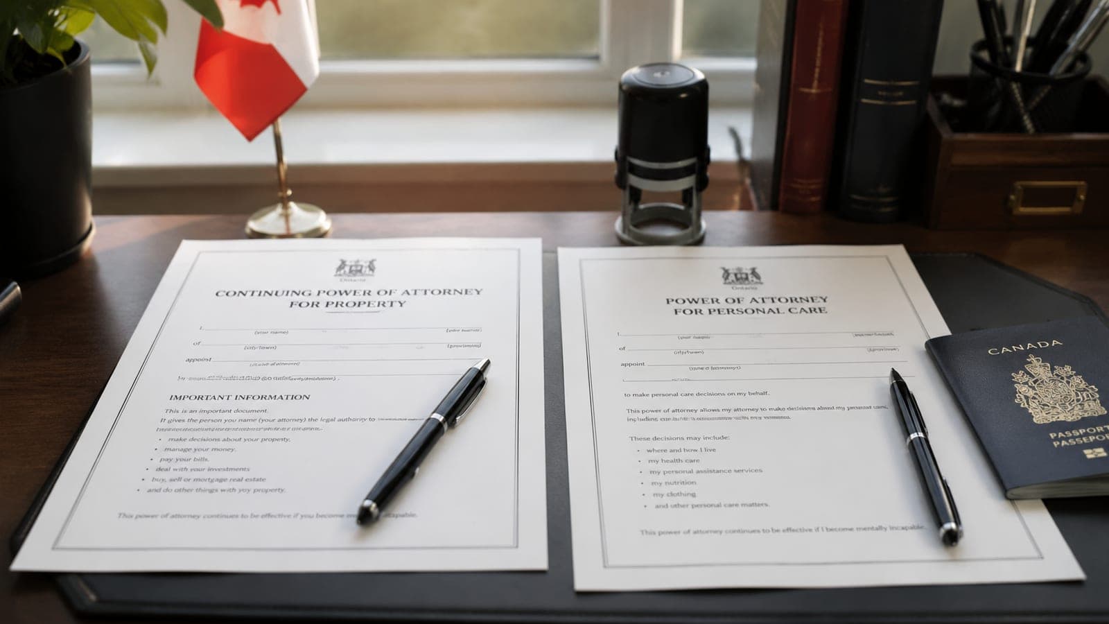 A continuing power of attorney for property document and a power of attorney for personal care document side by side on an Ottawa notary's desk, with two pens and a notarial seal