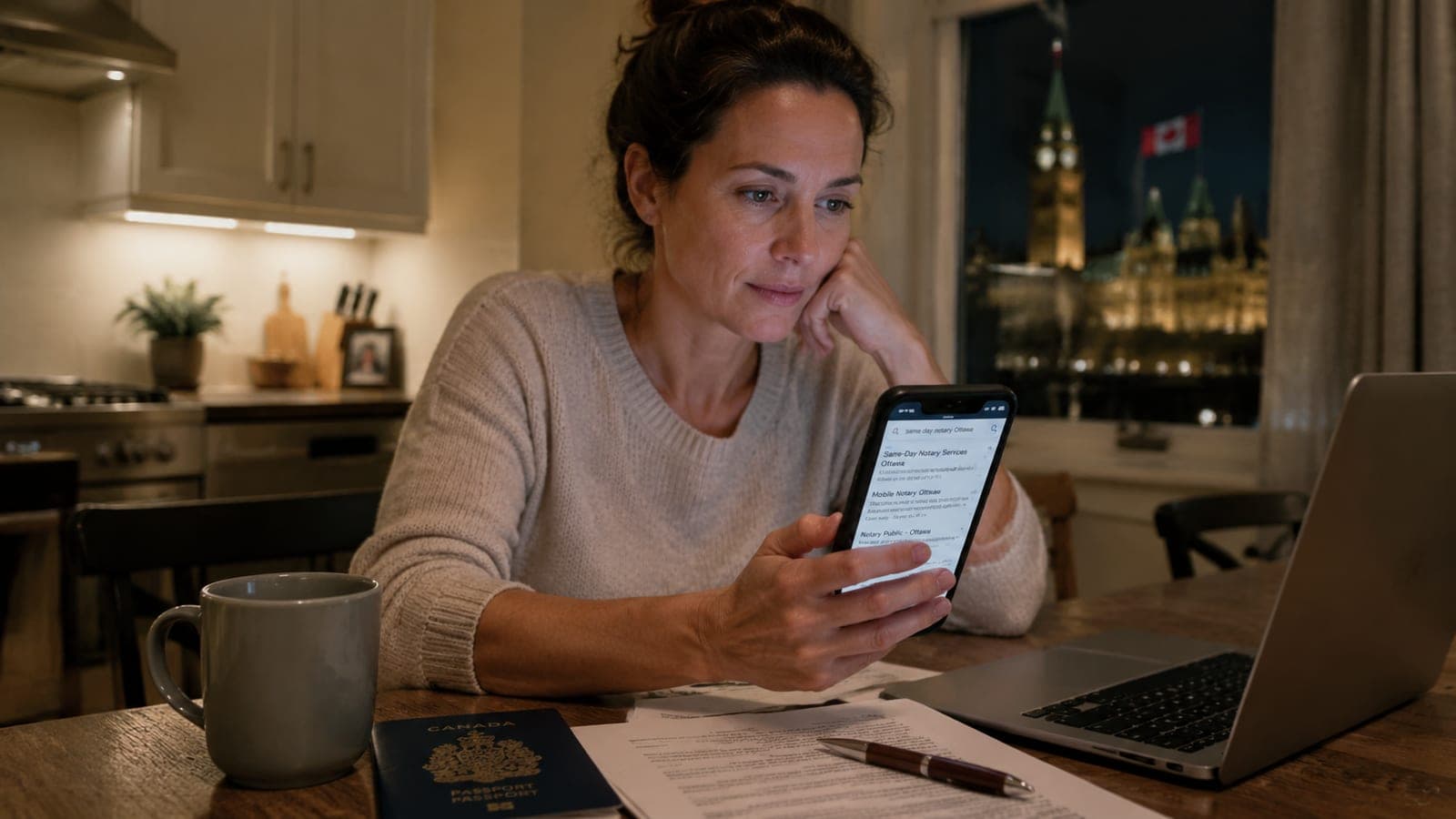 An adult at a kitchen table at night, phone in hand, looking up same-day notary Ottawa options