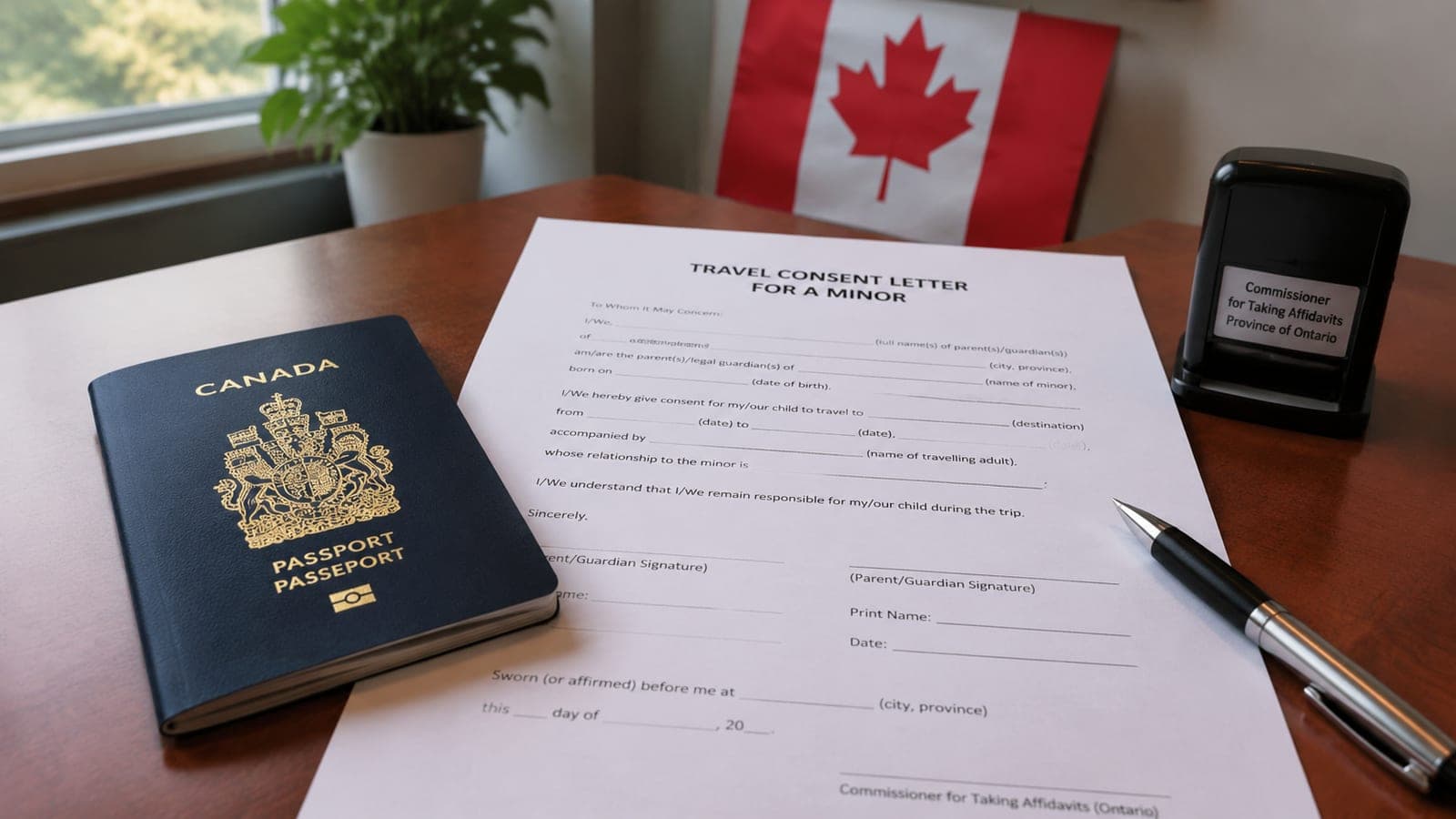A Canadian passport and a printed travel consent letter for a minor on a desk with a pen, ready to be notarized