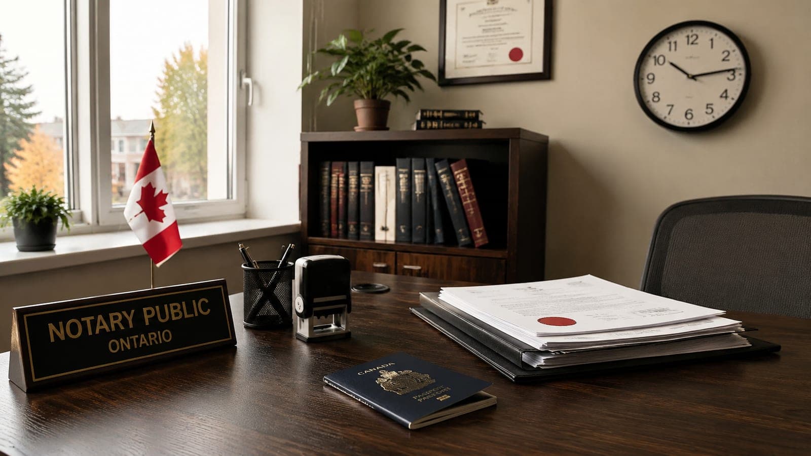 A tidy notary office desk with a wall clock and a small stack of documents