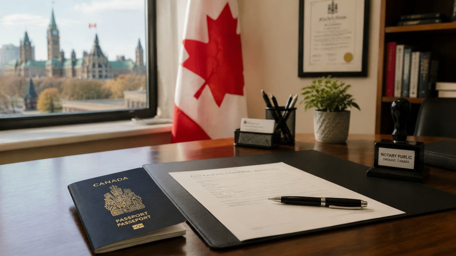 A notary public's desk in Ottawa with a passport, an unsigned document, and a pen ready for a same-day appointment