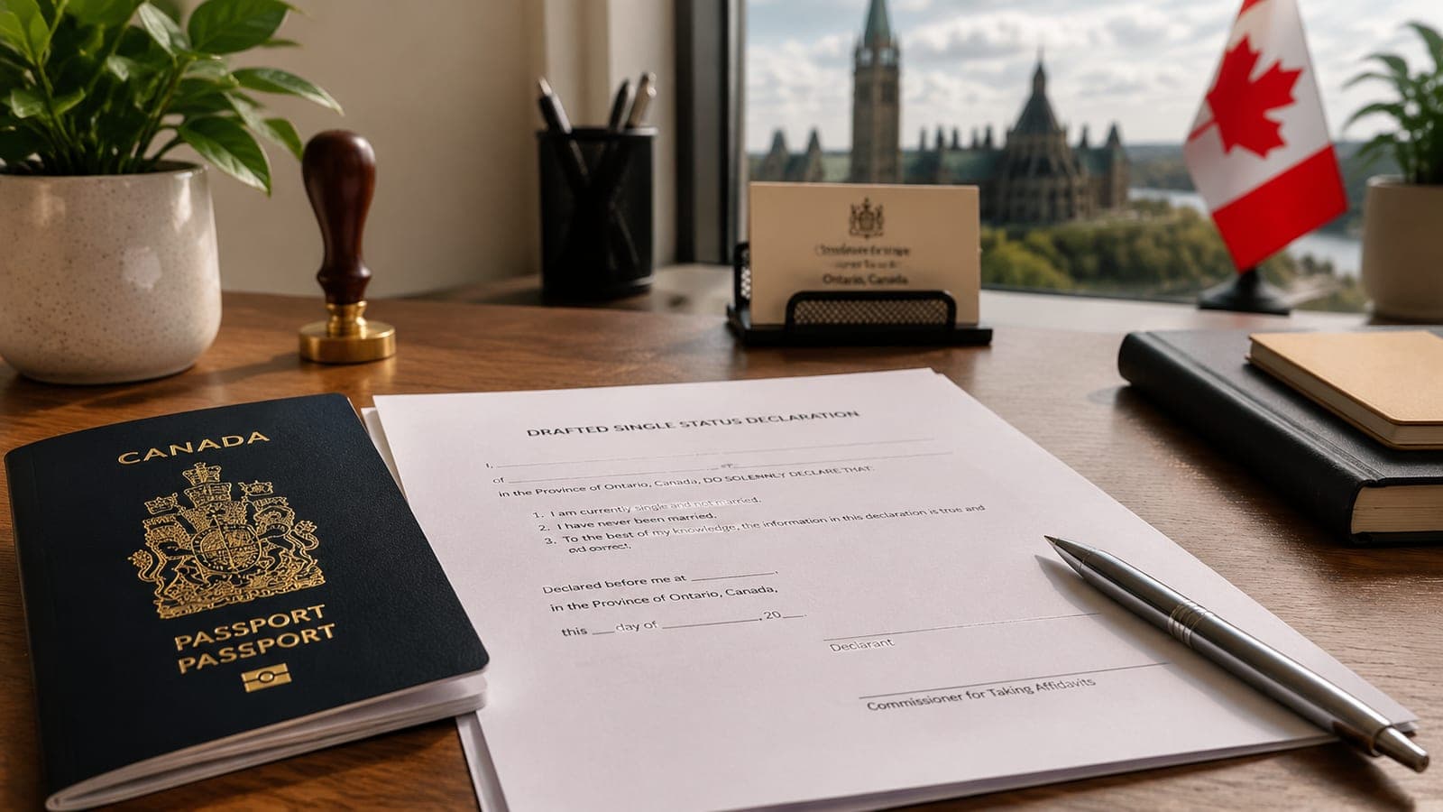 Drafted single status declaration unsigned on a desk next to a Canadian passport, ready for an Ottawa notary appointment