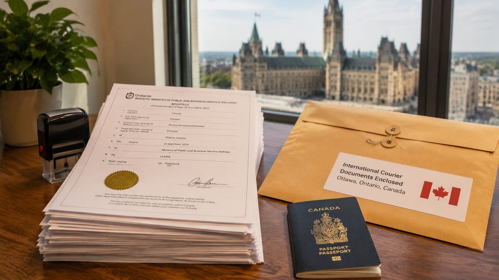 Stack of apostilled documents and an envelope ready for international courier from an Ottawa office