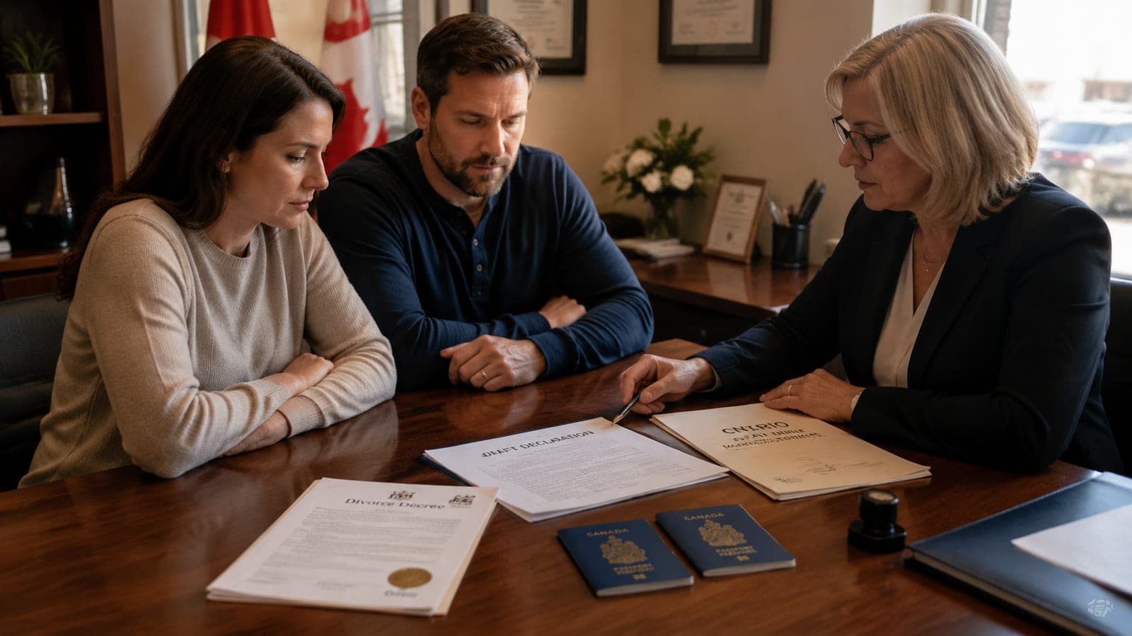 Couple meeting with a notary at a wooden desk with passports, a divorce decree, and a draft declaration spread out