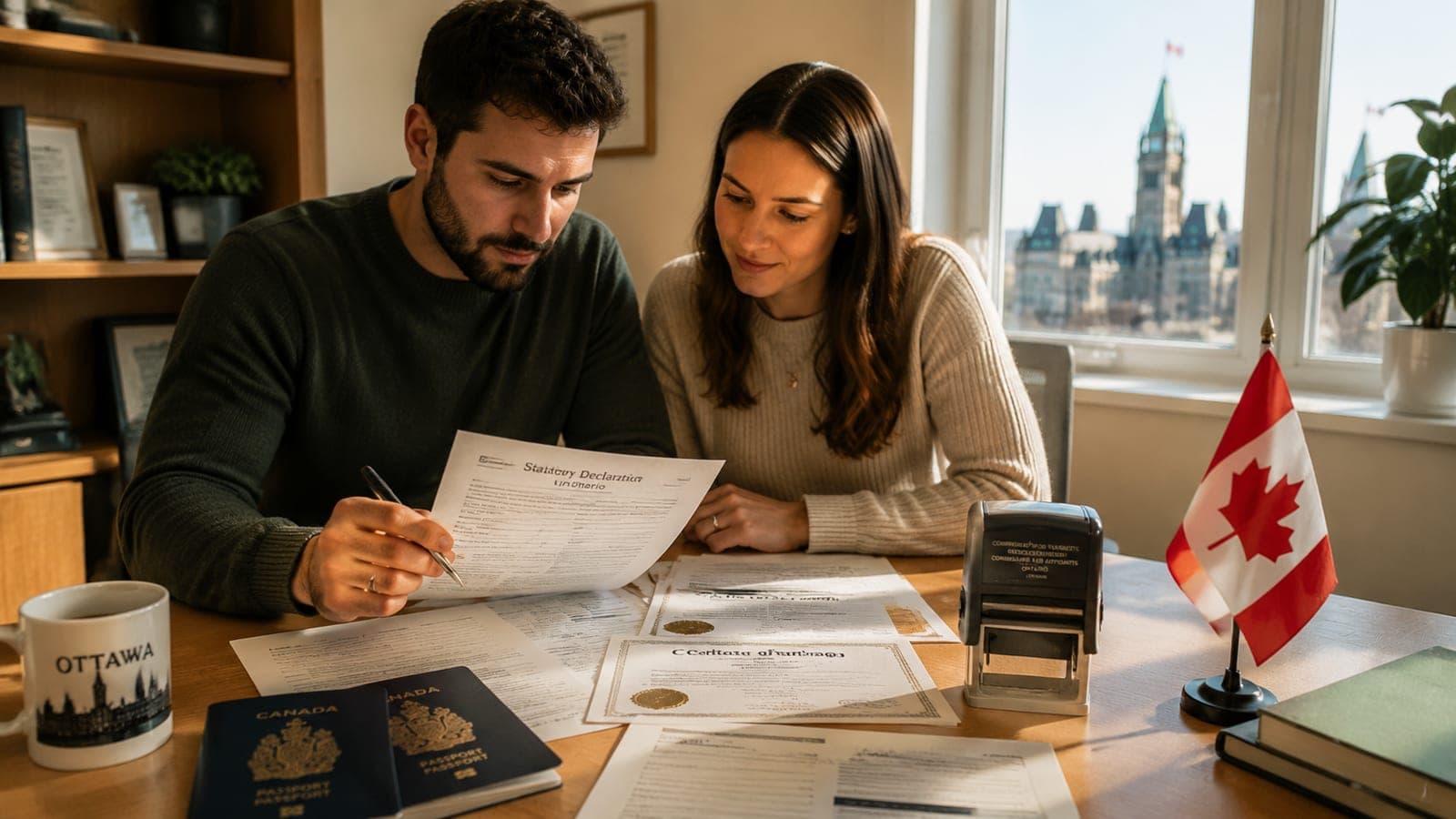 Couple reviewing wedding paperwork with passports and a notarized declaration on a sunlit Ottawa desk