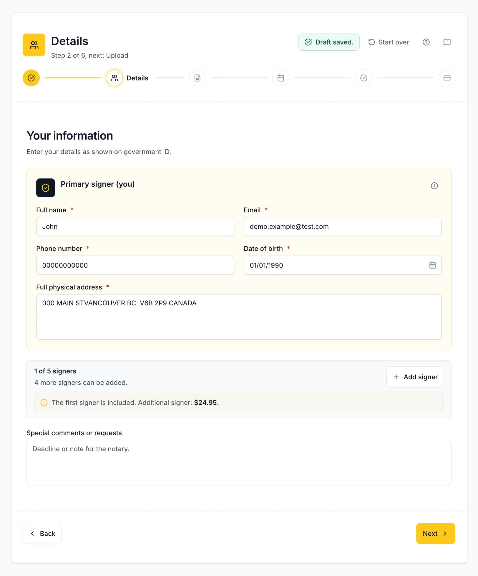 Real booking screen showing the add your details and signers step with fabricated QA data