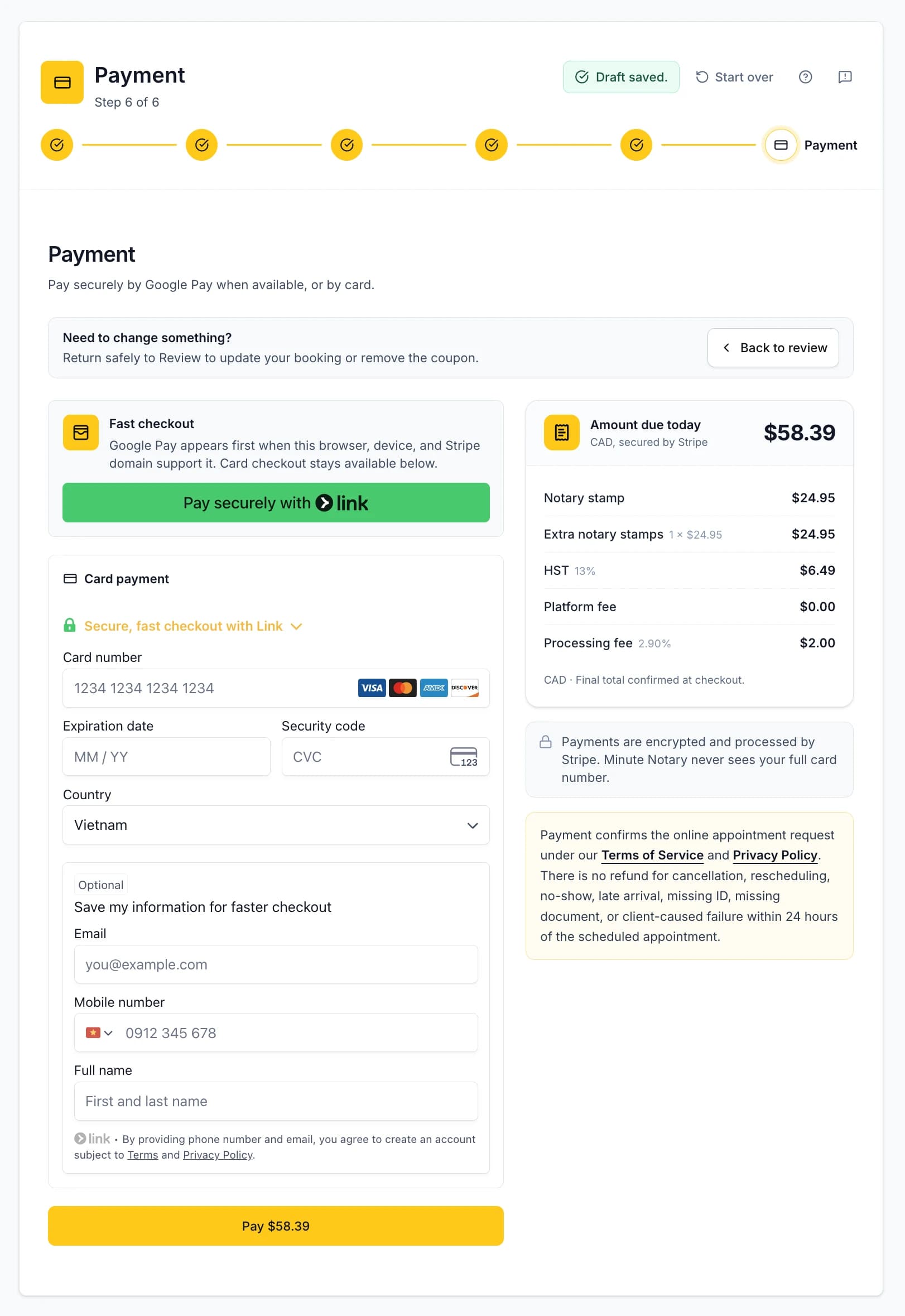 Real booking screen showing the complete payment step with fabricated QA data