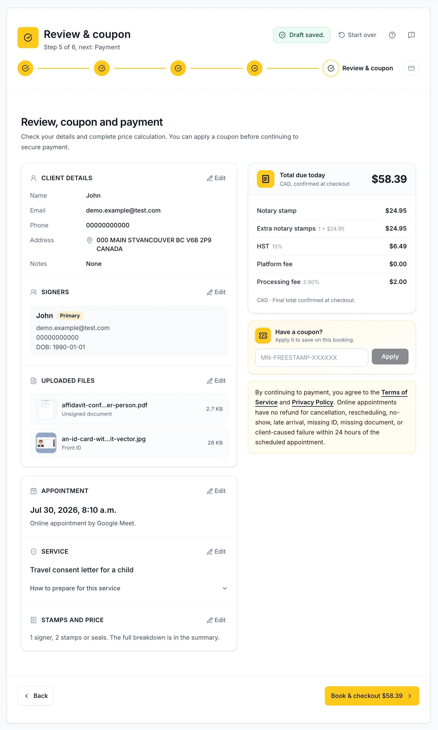 Real booking screen showing the review everything step with fabricated QA data