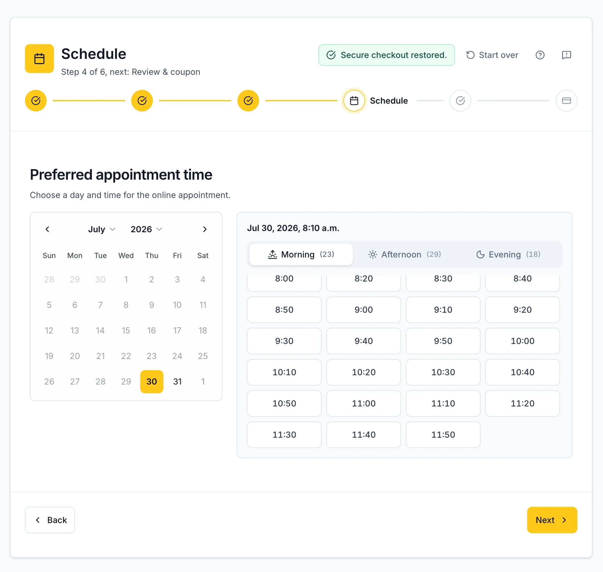 Real booking screen showing the choose a time step with fabricated QA data