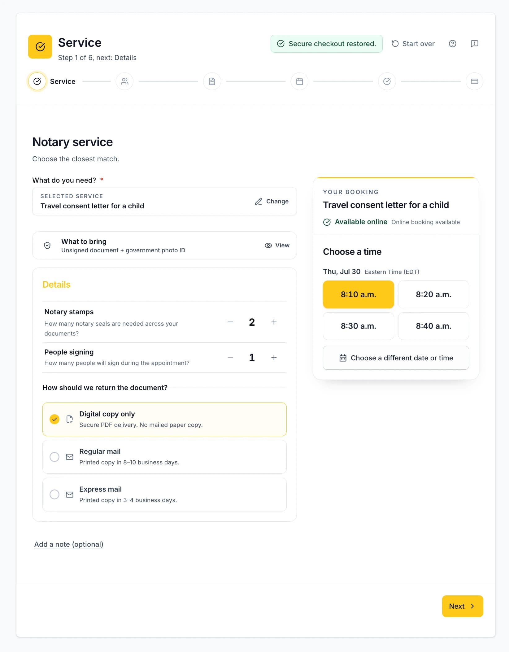 Service selection screen from the Minute Notary booking flow
