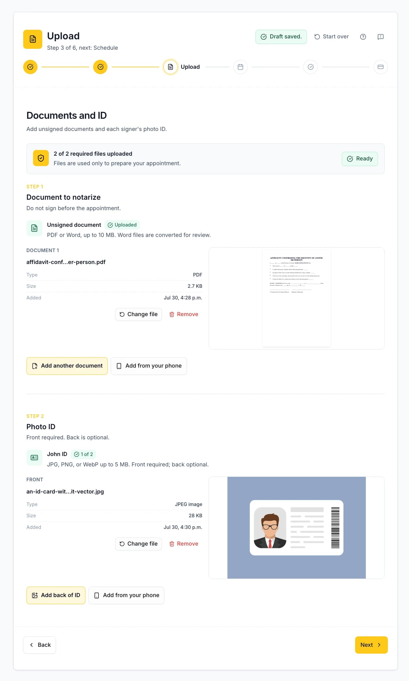 Real booking screen showing the upload documents and ids step with fabricated QA data