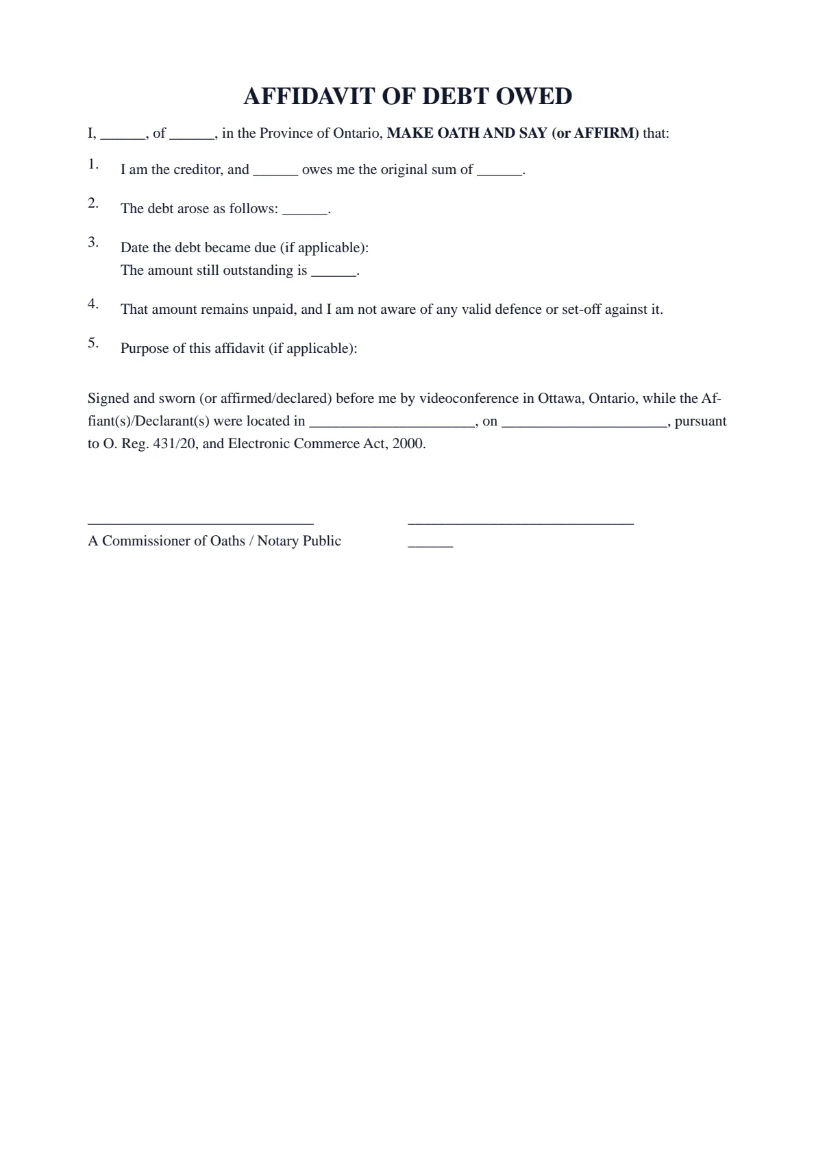 Affidavit of Debt Owed: first page of the blank template