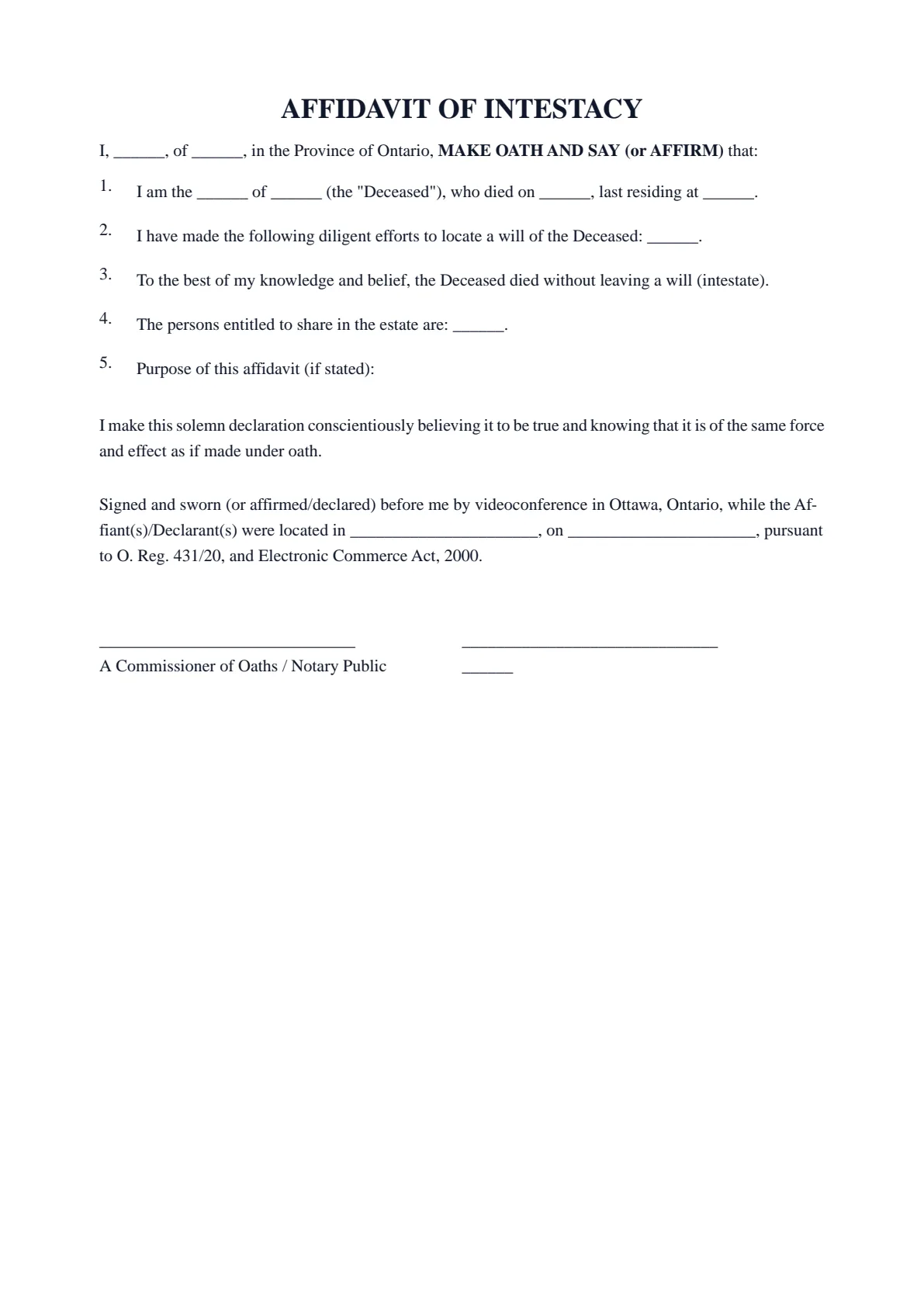 Affidavit of Intestacy (No Will): first page of the blank template