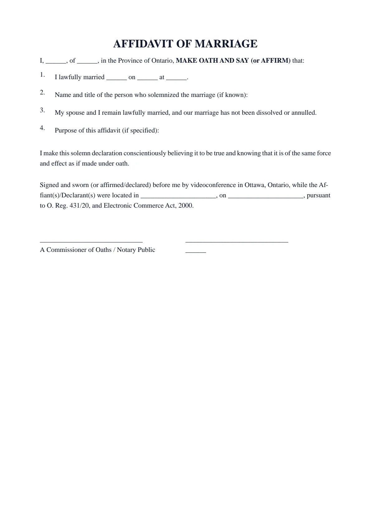 Affidavit of Marriage: first page of the blank template