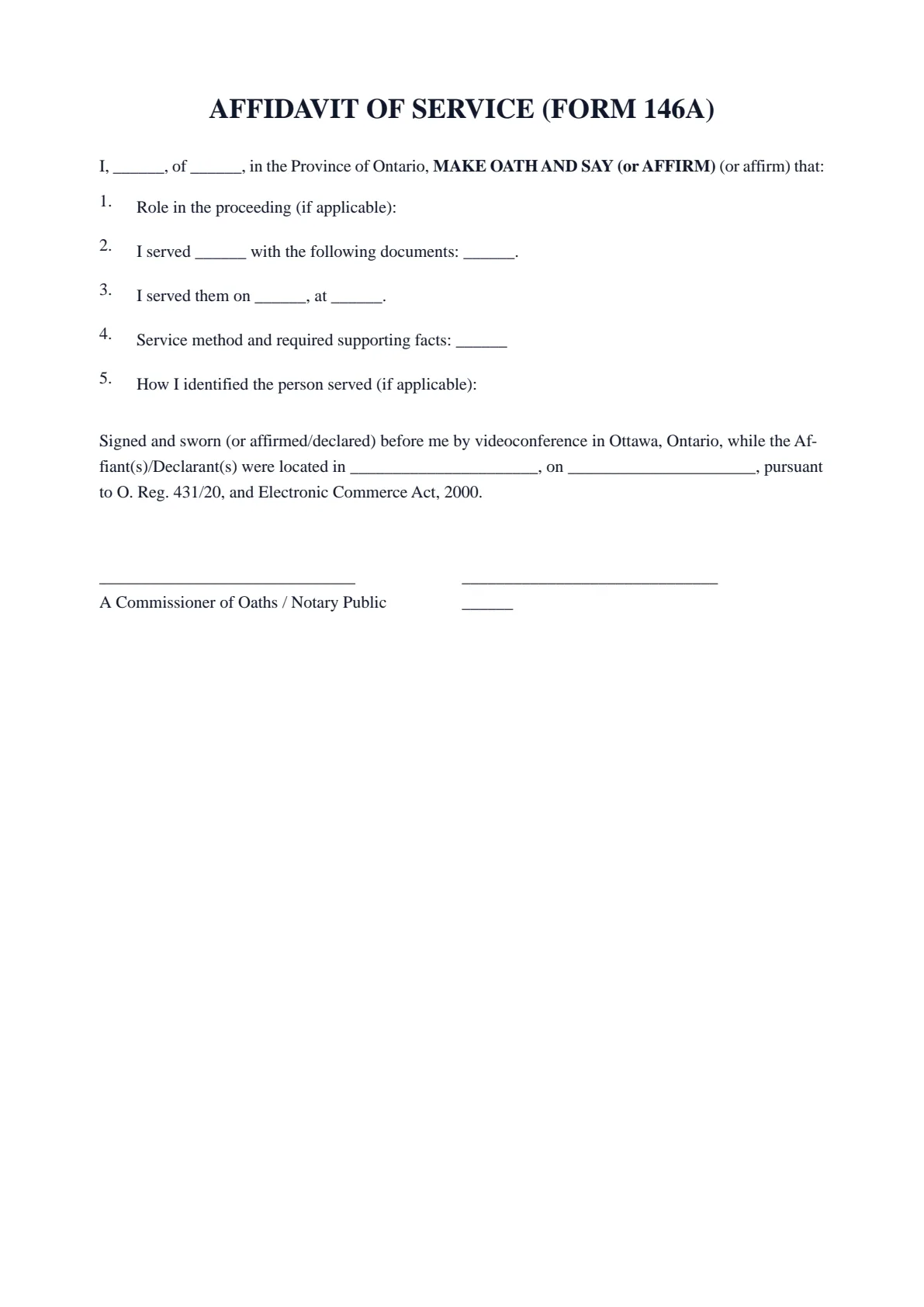 Affidavit of Service (Form 146A) — Federal Courts of Canada: first page of the blank template
