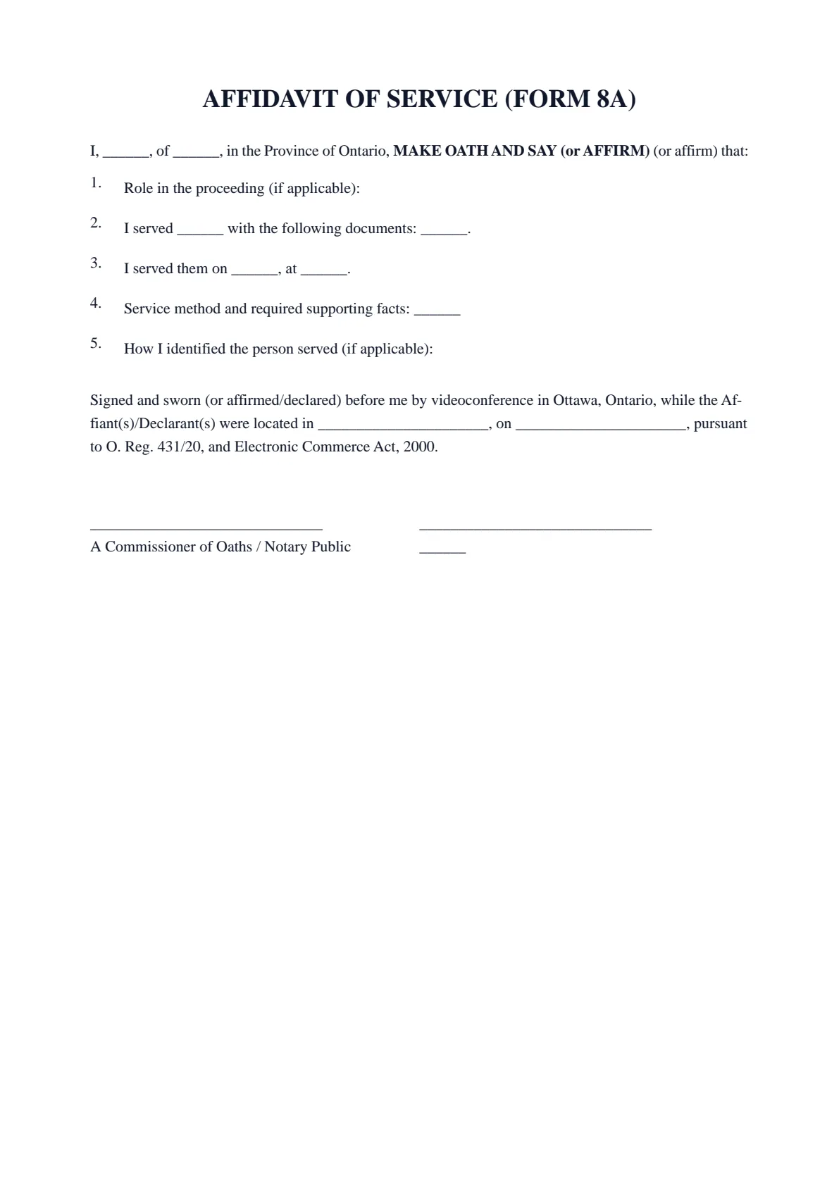 Affidavit of Service (Form 8A) — Ontario Small Claims Court: first page of the blank template