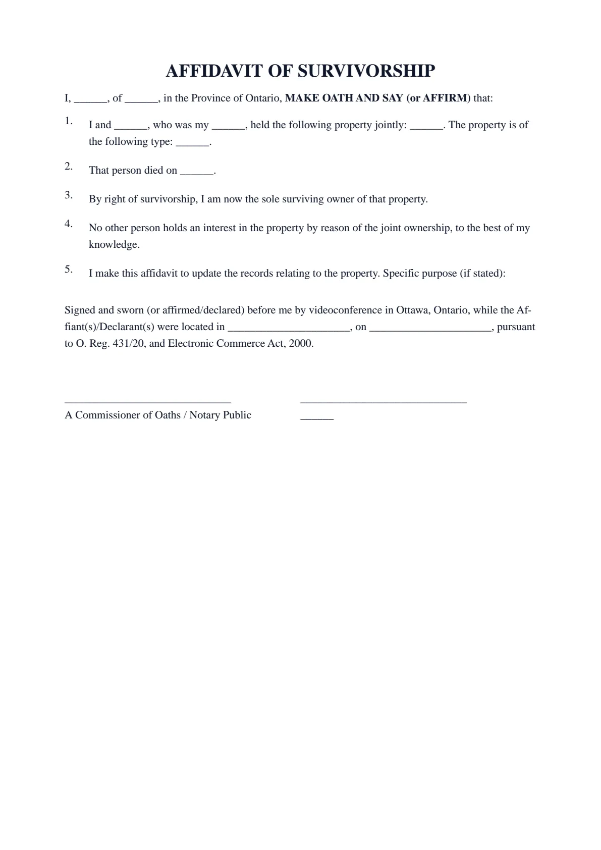 Affidavit of Survivorship: first page of the blank template