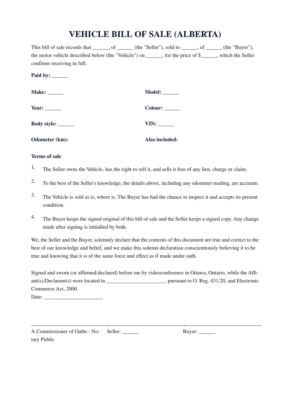 Alberta Bill of Sale (Vehicle): first page of the blank template
