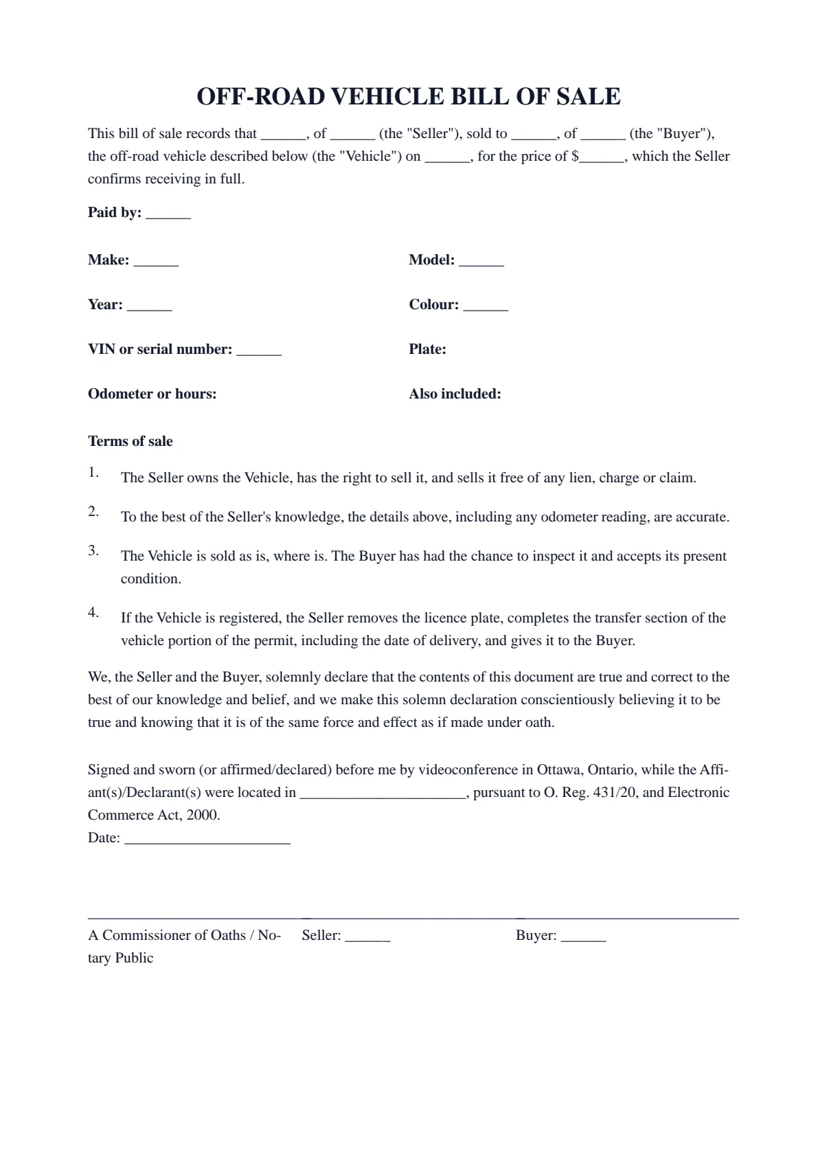 ATV and Dirt Bike Bill of Sale (Ontario): first page of the blank template