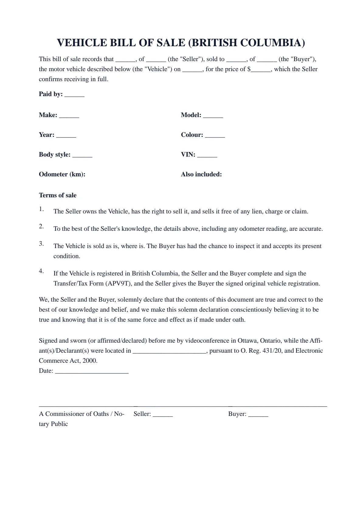 BC Bill of Sale (Vehicle): first page of the blank template