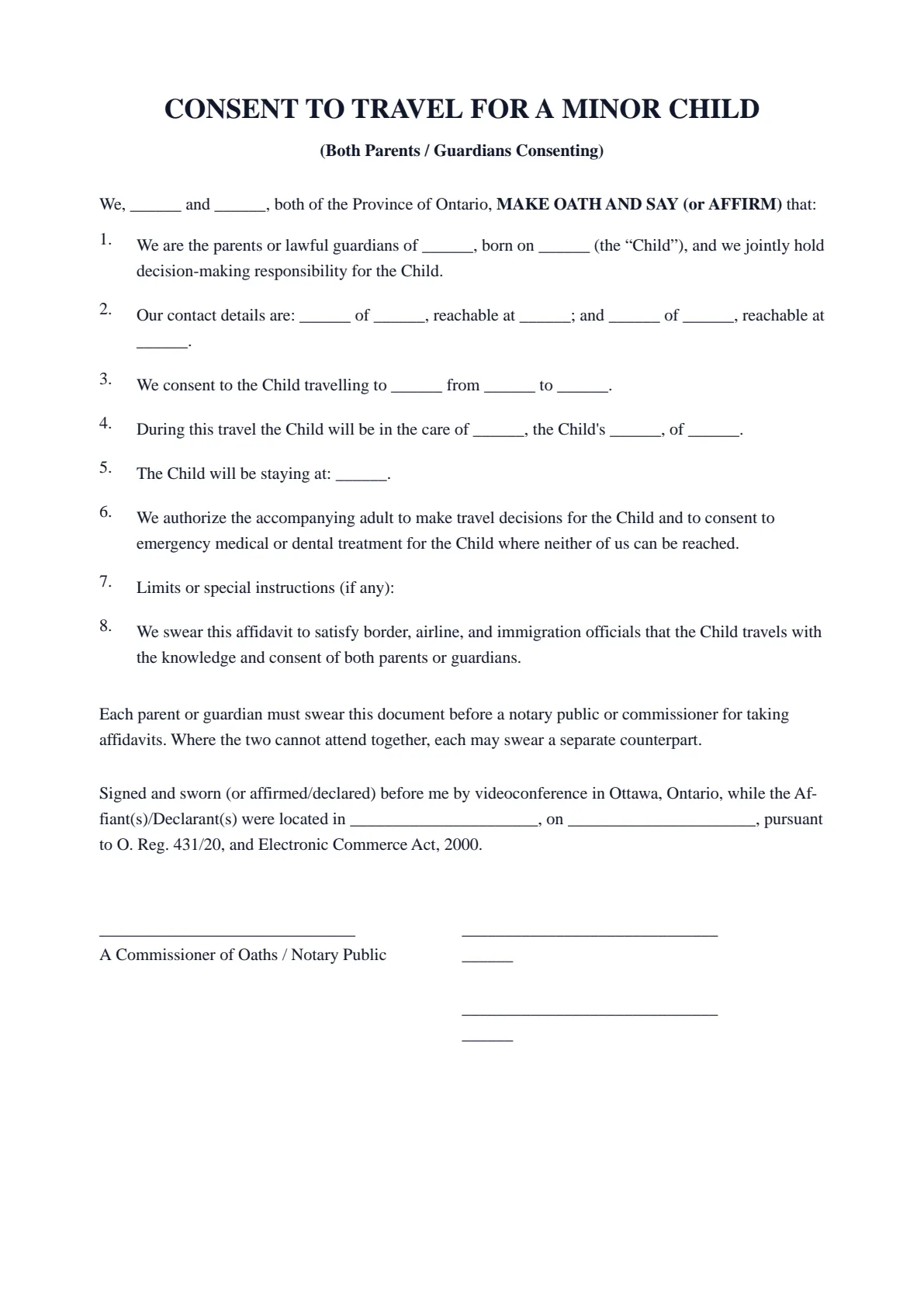 Consent to Travel for a Minor Child (Both Parents): first page of the blank template