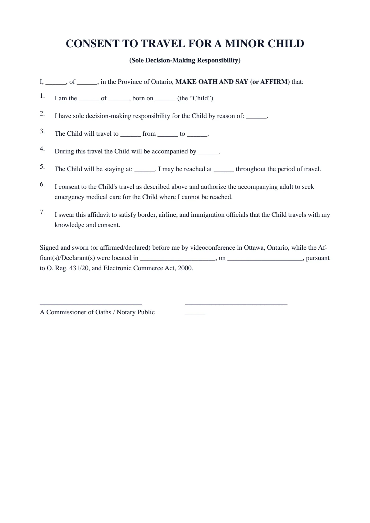 Consent to Travel for a Minor Child (Sole Custody): first page of the blank template