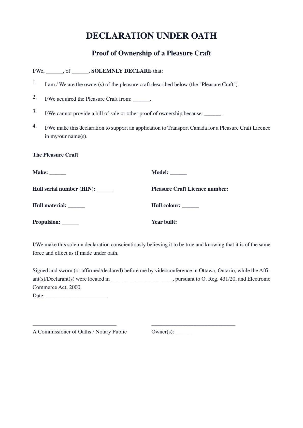 Declaration Under Oath for a Pleasure Craft Licence: first page of the blank template