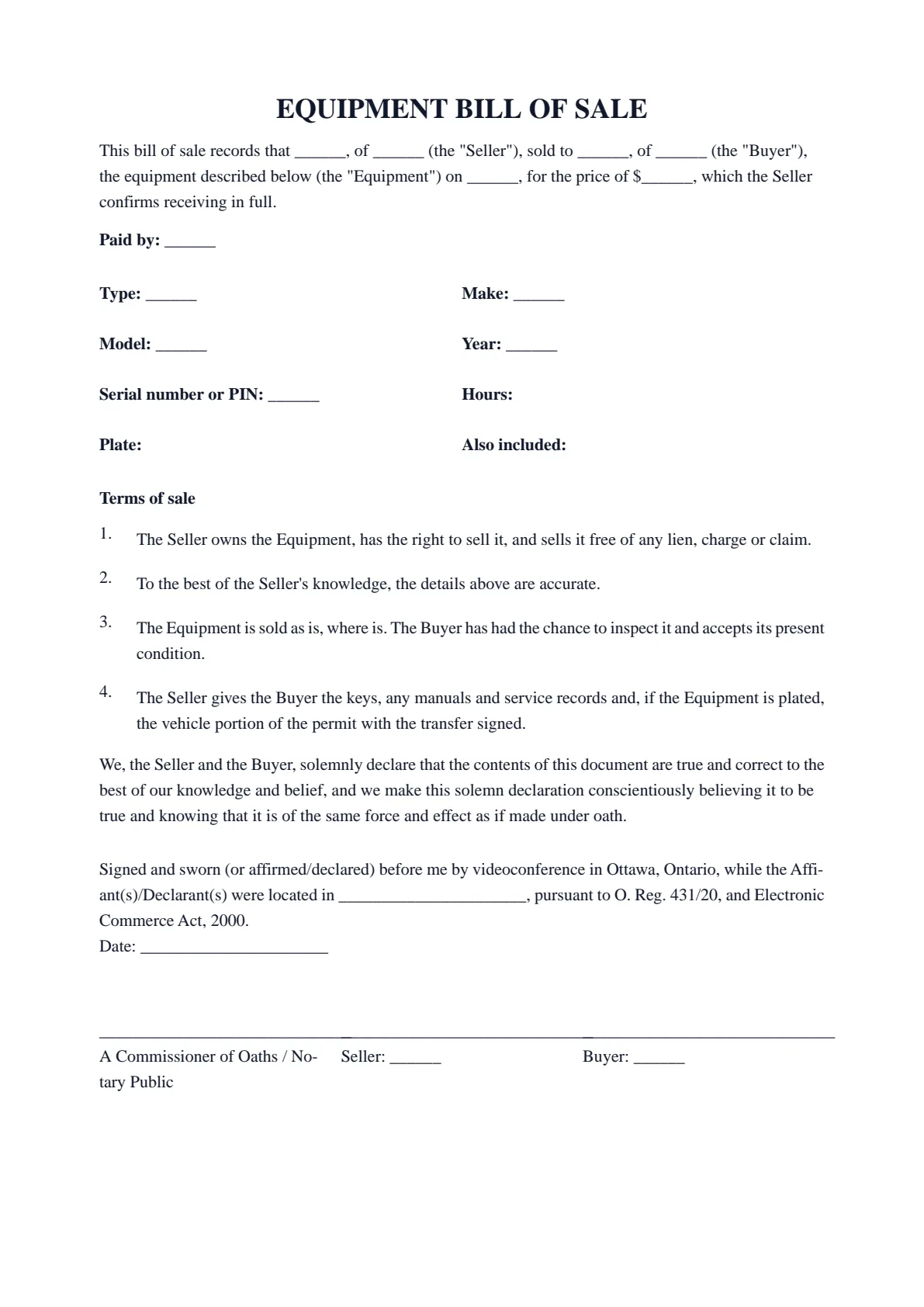 Equipment Bill of Sale (Ontario): first page of the blank template