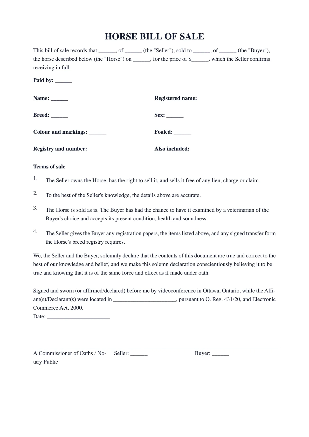 Horse Bill of Sale (Ontario): first page of the blank template