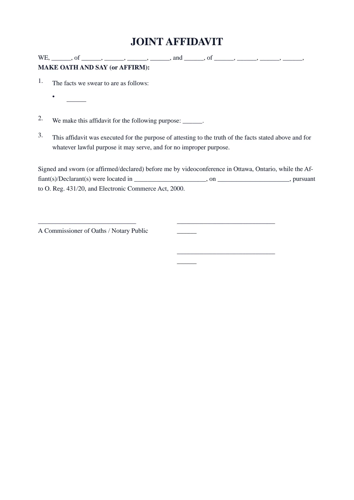 Joint Affidavit: first page of the blank template