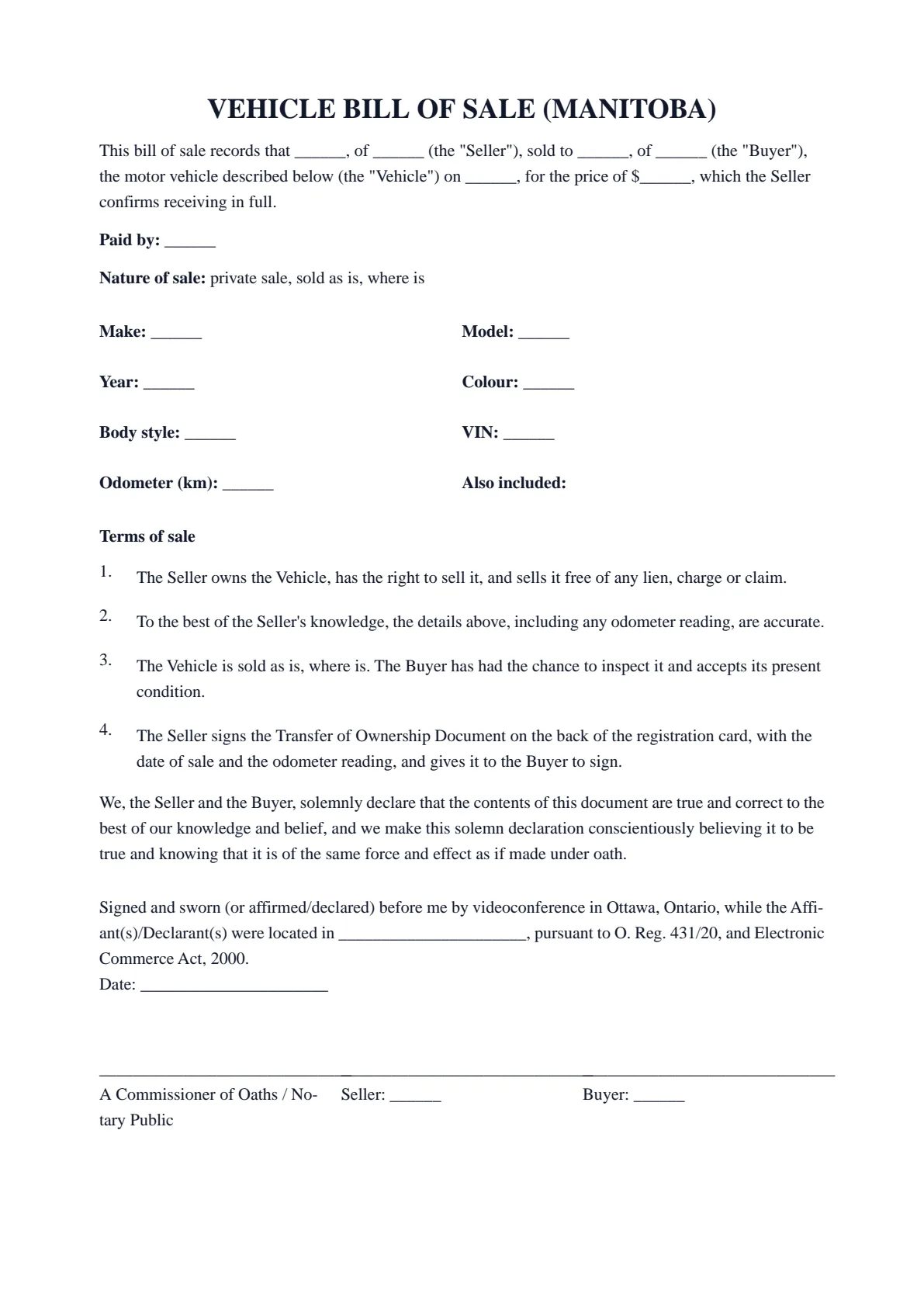 Manitoba Bill of Sale (Vehicle): first page of the blank template