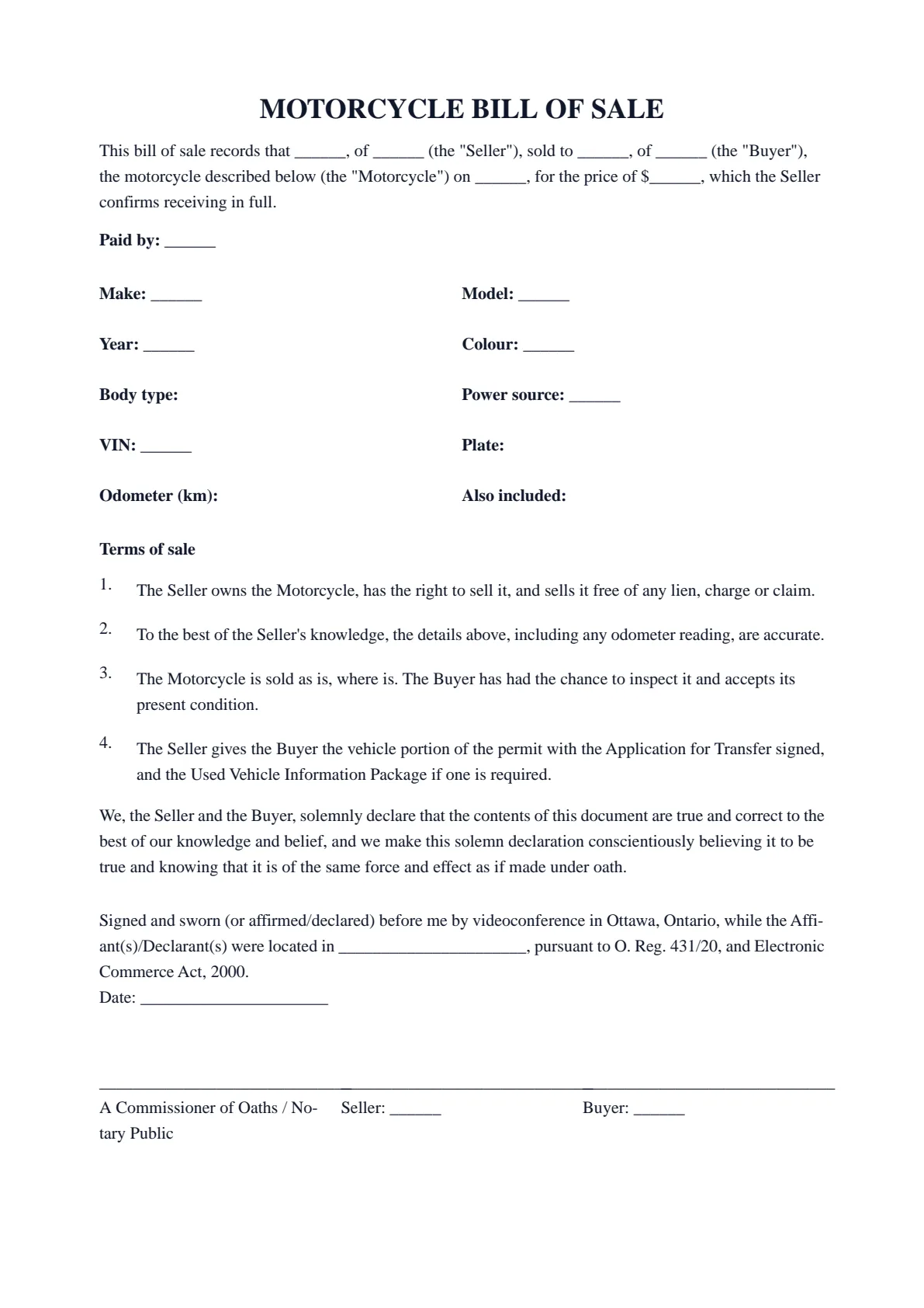 Motorcycle Bill of Sale (Ontario): first page of the blank template