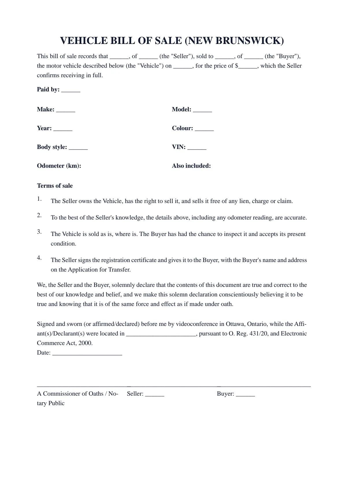 New Brunswick Bill of Sale (Vehicle): first page of the blank template