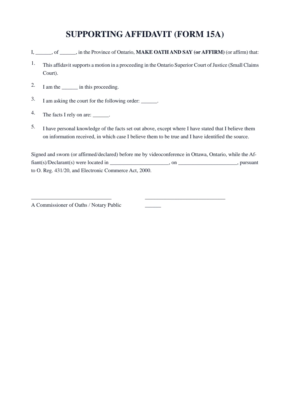 Supporting Affidavit for a Small Claims Motion (Form 15A): first page of the blank template