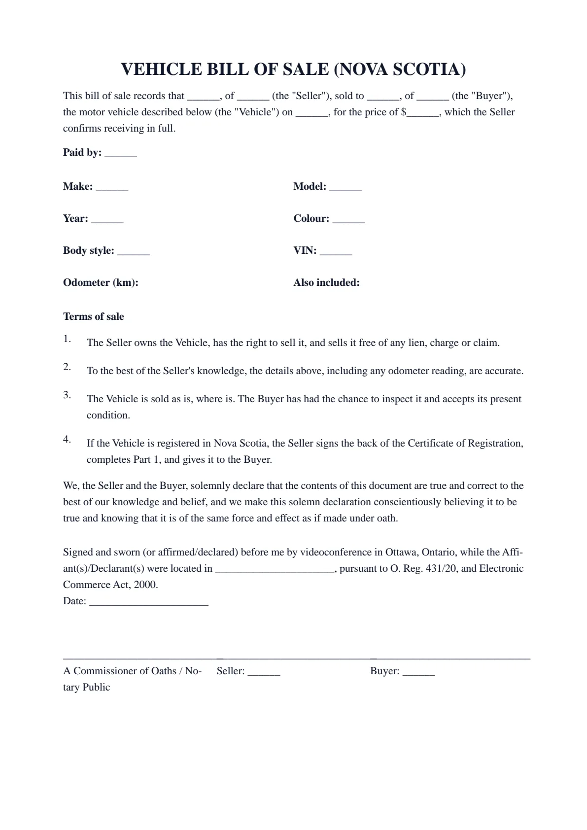 Nova Scotia Bill of Sale (Vehicle): first page of the blank template