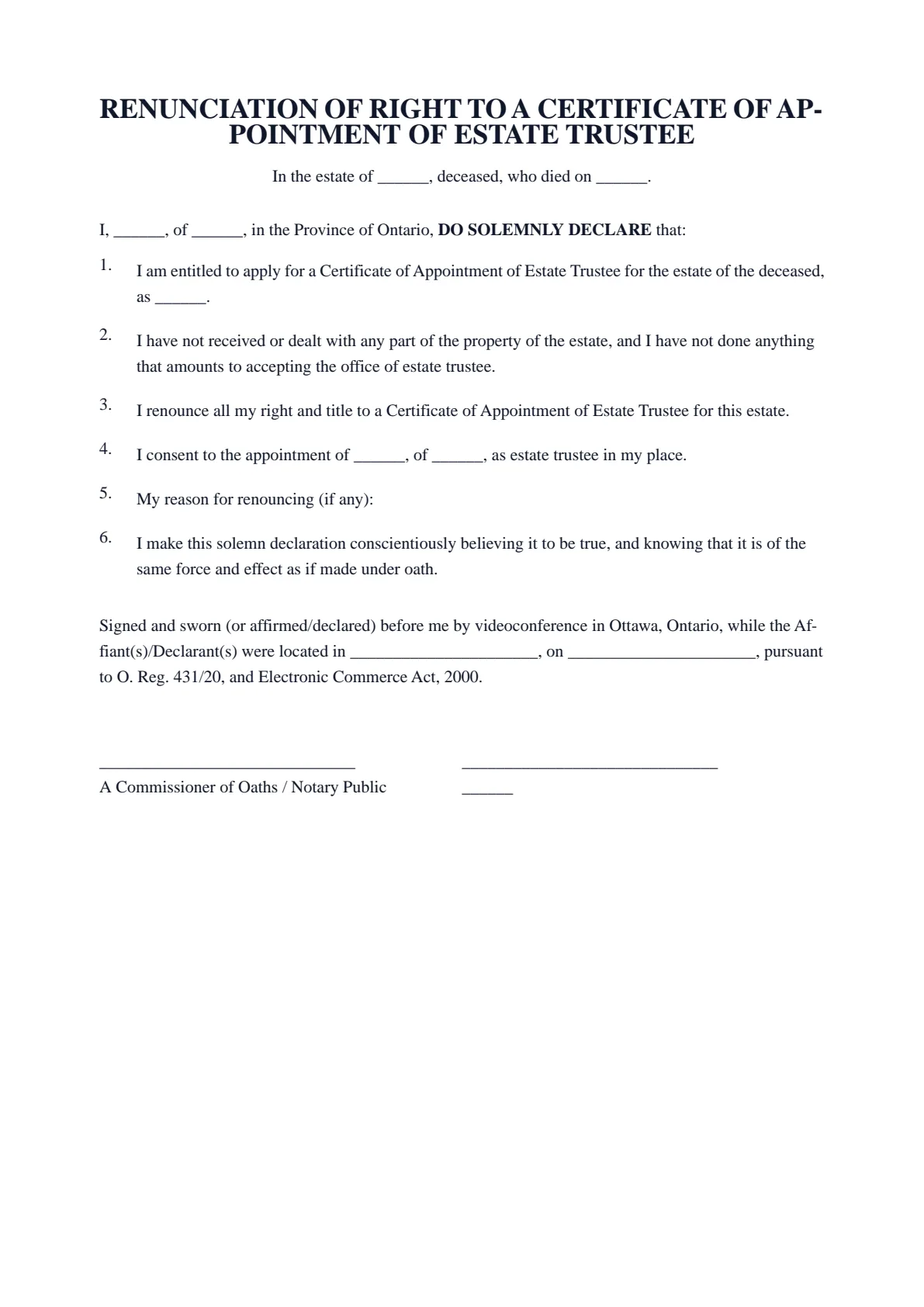 Renunciation of Right to a Certificate of Appointment of Estate Trustee: first page of the blank template