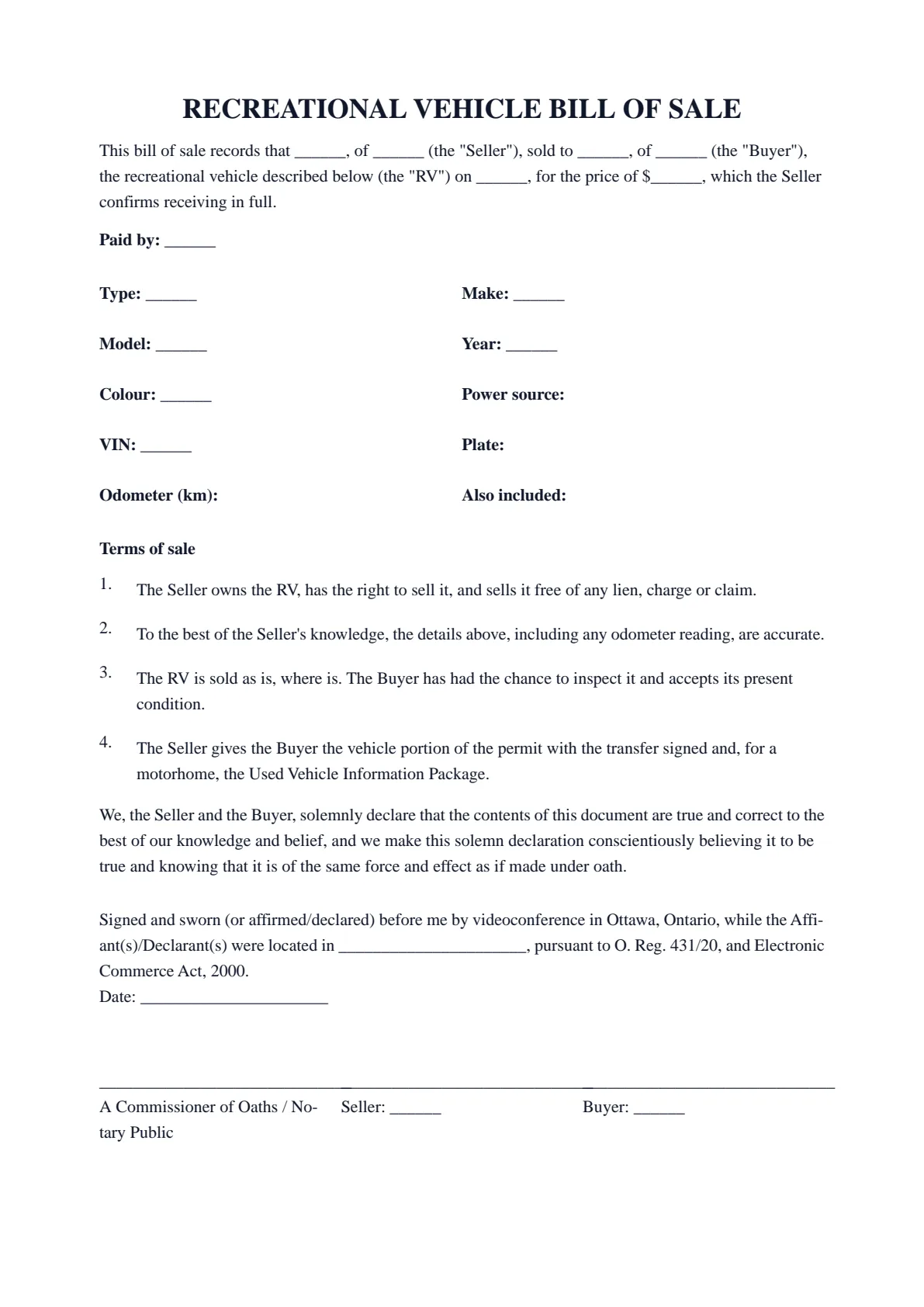 RV and Motorhome Bill of Sale (Ontario): first page of the blank template